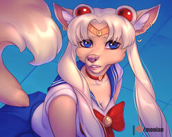  2020 5:4 anthro blue_eyes canid canine clothed clothing ear_piercing eyebrows eyelashes female fox hi_res mammal meme monian piercing sailor_moon_(series) sailor_moon_redraw_challenge screencap_redraw solo 