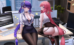  2girls animal_ears ass bare_shoulders black_footwear bra bra_visible_through_clothes braid breasts brown_legwear brown_skirt cleavage closed_mouth computer_keyboard contemporary eternity_(shadeh) feet_out_of_frame flower foot_out_of_frame from_behind garter_straps genshin_impact hair_flower hair_ornament hair_ribbon high_heels highres id_card indoors lace-trimmed_bra lace_trim lanyard large_breasts leaning_back leaning_forward long_hair looking_at_viewer looking_back low-braided_long_hair low-tied_long_hair miniskirt mole mole_under_eye monitor multiple_girls nail_polish office_lady panties pantyhose parted_lips pencil_skirt pink_hair plant potted_plant purple_hair purple_nails purple_skirt raiden_shogun ribbon see-through shirt shoe_soles sitting skirt sleeveless sleeveless_shirt standing standing_on_one_leg sticky_note thighhighs underwear very_long_hair white_shirt yae_miko 