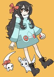  absurdres black_footwear black_hair boots bronzong brown_eyes expressionless female gregor_(tsurunoka) hair_between_eyes hair_ribbon highres holding holding_poke_ball lead_white_(tsurunoka) long_hair long_sleeves minccino original poke_ball poke_ball_(basic) pokemon pokemon_(creature) red_ribbon ribbon simple_background tsumetai_(tsurunoka) yellow_background 