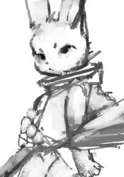  4_fingers anthro circle_eyebrows clothing ears_up eyebrows female fingers fur grey_nose key_rooki lagomorph leporid looking_at_viewer low_res mammal monochrome oversized_clothing painterly rabbit solo undressing white_body white_ears white_fur 