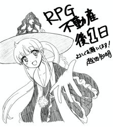  :d ahoge commentary_request ear_piercing female greyscale hat kazairo_kotone koshida_tomoaki looking_at_viewer monochrome official_art outstretched_arm piercing rpg_fudousan second-party_source smile solo witch_hat 