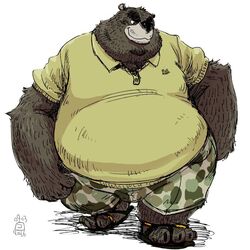  1:1 2016 anthro bear belly black_body black_fur black_nose bottomwear clothing conoji flip_flops footwear fur humanoid_hands kemono male mammal obese obese_male overweight overweight_male sandals shirt shorts simple_background solo topwear white_background 