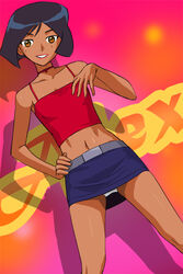  alex_(totally_spies) belt black_hair blue_skirt brown_eyes camisole collarbone dark-skinned_female dark_skin female flat_chest grin haruyama_kazunori legs_apart lipstick looking_at_viewer makeup midriff miniskirt navel panties panty_peek pencil_skirt short_hair skirt smile solo totally_spies underwear upskirt white_panties 