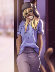  anthro blonde_hair blue_eyes clothed clothing cougar fangs felid feline female freyalise fur hair hands_behind_back head_tilt hoodie leaning leaning_backward looking_at_viewer mammal micheal_knight pink_nose shirt smile solo tan_body tan_fur teeth text text_on_clothing text_on_shirt text_on_topwear topwear toque 