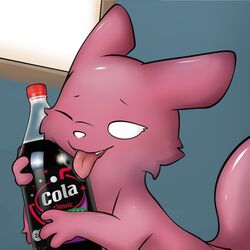  1:1 bodily_fluids cdt2s coca-cola female feral fur holding_object ragnarok_(cdt2s) rain_world red_body red_fur saliva satisfied_look slugcat soda_bottle solo tongue tongue_out videocult white_eyes 