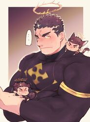  ... 1boy bara black_bodysuit black_hair blush bodysuit chibi facial_hair fire flaming_halo halo highres large_pectorals male_focus mature_male muscular muscular_male pectorals po_fu short_hair shy sideburns solo stubble sweatdrop tokyo_afterschool_summoners upper_body yellow_eyes zabaniyya_(housamo) 