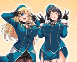  2girls ;d ascot atago_(kancolle) beret black_gloves black_hair black_pantyhose black_skirt black_thighhighs blonde_hair blue_headwear blue_skirt breasts commentary_request cowboy_shot double_v facing_viewer garter_straps gloves hat highres kantai_collection kurokaze_no_sora large_breasts long_hair military military_uniform miniskirt multiple_girls one_eye_closed open_mouth pantyhose short_hair side_slit skirt smile takao_(kancolle) thighhighs uniform v white_ascot wide_hips yellow_background 