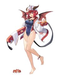  absurdres artist_request baseball_cap bat_wings breasts collarbone crab female full_body goggles goggles_around_neck guardian_tales hair_between_eyes hand_up hat highres holding holding_whistle horns jacket large_breasts lifeguard_yuze official_art one-piece_swimsuit open_clothes open_jacket open_mouth pointy_ears red_eyes red_hair short_hair simple_background smile solo standing standing_on_one_leg swimsuit towel transparent_background wet whistle wings 