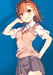  blue_background blush breasts brown_eyes brown_hair collared_shirt commentary dress_shirt female flower grey_skirt hair_flower hair_ornament hand_on_own_hip hand_up looking_at_viewer misaka_mikoto parted_lips photoshop_(medium) pleated_skirt raika9 school_uniform shirt skirt small_breasts smile solo summer_uniform sweater_vest toaru_kagaku_no_railgun toaru_majutsu_no_index tokiwadai_school_uniform twitter_username v-neck white_flower white_shirt 