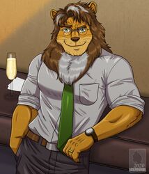  anthro beverage clothing eyewear felid glasses hi_res lion male mammal pantherine solo wolfmaster 