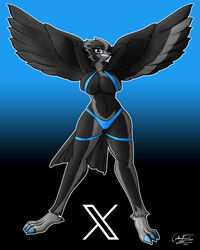  anthro avian beak bird black_background black_body black_feathers breasts colored countershading feathers female grey_body grey_countershading hi_res meme non-mammal_breasts overlord_gabriel shaded simple_background solo tweetfur twitter twitter_logo x_(social_media) x_corporation 