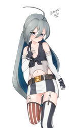  absurdres ahoge asymmetrical_legwear cosplay cowboy_shot female fingerless_gloves flat_chest front-tie_top garter_straps gloves grey_eyes grey_hair hair_between_eyes hair_bun highres iowa_(kancolle) iowa_(kancolle)_(cosplay) kantai_collection kiyoshimo_(kancolle) long_hair low_twintails maru_(marg0613) miniskirt mismatched_legwear navel simple_background single_hair_bun skirt solo standing striped_clothes striped_skirt striped_thighhighs thighhighs twintails vertical-striped_clothes vertical-striped_skirt vertical-striped_thighhighs white_background 