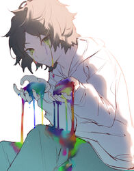  1boy alternate_body_fluid amou_tsukihiko backlighting black_hair brown_hair colored_tears commentary_request crying crying_with_eyes_open cupping_hands green_eyes hood hood_down hoodie liquid long_sleeves male_focus mirin_chikuwa own_hands_together pants short_hair simple_background sitting solo tears white_background world_trigger 