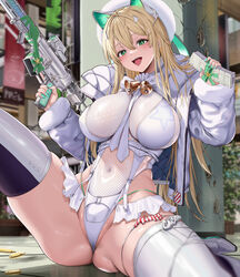  blonde_hair boots bow breasts bullet commission covered_navel female fuooooo goddess_of_victory:_nikke green_bow green_eyes gun hair_between_eyes hat highres holding jacket large_breasts leotard long_hair magazine_(weapon) navel open_mouth paid_reward_available rupee_(nikke) rupee_(winter_shopper)_(nikke) skeb_commission solo spread_legs teeth thigh_boots thighhighs upper_teeth_only very_long_hair weapon white_hat white_jacket white_leotard white_thighhighs 