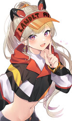  :d absurdres animal_ears black_jacket black_shorts crop_top cropped_jacket earrings fake_animal_ears fangs female grey_hair hand_up highres index_finger_raised jacket jewelry komori_met komori_met_(2nd_costume) leaning_forward long_hair long_sleeves looking_at_viewer midriff nanashi_inc. navel ponytail purple_eyes revealing_clothes shirt short_shorts shorts simple_background sleeveless sleeveless_shirt smile solo standing stomach upper_body v_ap_art very_long_hair virtual_youtuber visor_cap white_background white_shirt yuzutouhu_ika 