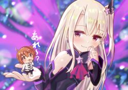  2girls ahoge bare_shoulders black_dress blush breasts brooch chaldea_uniform chibi dark_persona dress earrings fate/grand_order fate/kaleid_liner_prisma_illya fate_(series) fujimaru_ritsuka_(female) highres illyasviel_von_einzbern jewelry long_hair magical_girl multiple_girls one_side_up orange_eyes orange_hair pan_korokorosuke prisma_illya purple_eyes short_hair small_breasts smile star_(symbol) star_brooch star_earrings testament_(fate) white_hair 