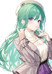  absurdres arm_behind_head belt black_belt breasts cleavage cleavage_cutout clothing_cutout coat earrings female finger_to_mouth green_hair grey_coat hair_behind_ear hair_ornament hairclip hat highres jewelry large_breasts long_hair long_sleeves looking_at_viewer mole mole_on_breast necklace official_alternate_costume open_clothes open_coat parted_lips purple_eyes purple_nails purple_skirt ribbed_sweater ring simple_background skirt solo sweater swept_bangs turtleneck turtleneck_sweater very_long_hair virtual_youtuber vspo! white_background white_hat white_sweater yakumo_beni yakumo_beni_(3rd_costume) yuzutouhu_ika 