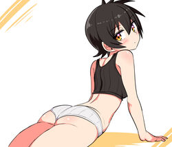  arched_back arm_support ass back black_hair black_shirt closed_mouth commentary cougar_(cougar1404) crop_top female from_behind looking_at_viewer looking_back lying nari_(cougar1404) on_stomach original panties ribbed_panties shirt short_hair solo tank_top underwear underwear_only upward_dog white_panties yellow_eyes 