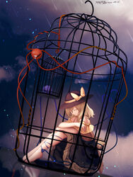  adapted_costume artist_name bare_shoulders barefoot birdcage black_hat blonde_hair blouse cage closed_eyes cloud dated dutch_angle female from_side furahata_gen green_skirt hat hat_ribbon highres hugging_own_legs in_cage knees_to_chest koishi_day komeiji_koishi leg_ribbon light_smile medium_hair night night_sky off-shoulder_shirt off_shoulder petticoat reflection ribbon shirt shooting_star single_tear skirt sky solo third_eye touhou yellow_shirt 