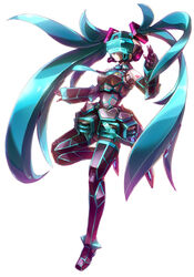  aqua_hair aqua_necktie assault_visor commentary company_connection cosplay crossover fei-yen female full_body hatsune_miku hatsune_miku_(cosplay) headphones headset high_heels leg_up long_hair mecha mecha_musume mechanical_skirt necktie open_hands photoshop_(medium) robot sega solo taedu twintails very_long_hair virtual_on vocaloid white_background 