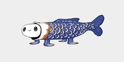  absurdres costume creature fish_costume gregor_(tsurunoka) highres koinobori looking_at_viewer no_humans original simple_background smile tsumetai_(tsurunoka) white_background windsock 