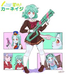  2girls absurdres artist_name blonde_hair blood blood_on_face blush breast_envy breasts brown_footwear colored_sclera colored_skin commentary_request cyberpunk_(series) cyberpunk_edgerunners dated green_eyes green_hair gun handgun hat hibike!_euphonium highres holding holding_weapon hood hood_down hoodie huge_weapon kitauji_high_school_uniform kneehighs kurosawa_tomoyo leg_tattoo lipstick long_hair looking_at_viewer lucy_(cyberpunk) makeup medium_breasts medium_hair miniskirt multicolored_hair multiple_girls open_mouth parody petite pink_hair purple_hair purple_lips rebecca_(cyberpunk) red_lips red_pupils red_sclera school_uniform skirt small_breasts smile socks straight_hair tattoo tsunemoku twintails voice_actor_connection wavy_hair weapon white_skin white_socks 