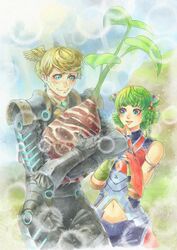  1boy 1other animal_ears armor blonde_hair blush cat_ears clothing_cutout food green_hair head_wings highres holding holding_food holding_vegetable juniper_(xenoblade) looking_at_another navel_cutout potato short_hair vegetable vvbert wavy_mouth wings xenoblade_chronicles_(series) xenoblade_chronicles_3 zeon_(xenoblade) 