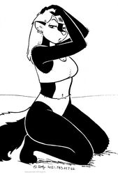  2021 anthro bedroom_eyes breasts ear_piercing ear_ring female fur hair hi_res kelly_o&#039;dor looking_at_viewer mammal mephitid midriff monochrome narrowed_eyes piercing ring_piercing seductive skunk solo tegerio zandar&#039;s_saga 