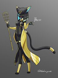  animal_ears anklet bastet_(mythology) black_hair black_skin blue_eyes blue_hair breasts cat_ears cat_girl cat_tail colored_eyelashes colored_inner_hair colored_skin digitigrade egyptian egyptian_mythology elbow_gloves female furry furry_female gloves gold_trim grey_background highres jewelry medium_breasts multicolored_hair nail_polish one_eye_closed original sistrum solo tabard tail tail_ornament tail_ring thighlet toipokun_oyashi two-tone_hair usekh_collar 