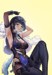  absurdres arecus arm_up armpit_crease armpits bad_id bad_pixiv_id black_gloves black_thighhighs blue_dress bob_cut bracelet breasts cleavage diagonal_bangs dice dress earrings elbow_gloves feather-trimmed_jacket female genshin_impact gloves green_eyes highres invisible_chair jacket jacket_on_shoulders jewelry knee_up large_breasts light_smile looking_at_viewer multicolored_hair neck_tassel parted_lips shirt short_hair single_elbow_glove sitting sleeveless sleeveless_shirt solo thighhighs two-tone_hair vision_(genshin_impact) white_jacket yelan_(genshin_impact) 