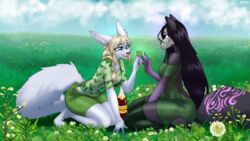  16:9 4k absurd_res anthro canid canine clothed clothing clover_(plant) detailed_background duo female flower fox hi_res holding_object looking_pleasured malo mammal meadow plant scp-1471 scp-1471-a scp_foundation smile tsarinart vixsyn widescreen wine_bottle 