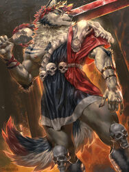  3:4 5_fingers animal_skull anthro biceps blue_eyes bone canid canine canis clothed clothing detailed fingers fire hades_(game) hi_res holding_melee_weapon holding_object holding_sword holding_weapon human_skull male mammal melee_weapon muscular muscular_anthro muscular_male muscular_thighs nipple_slip nipples pecs quads rainer skull solo supergiant_games sword thebigslick weapon wolf zagreus_(hades) 