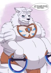  anthro belly big_belly black_sclera blade_(xenoblade) blue_eyes blush chakram clothed clothing dromarch english_text felid geogrey hi_res male mammal moobs overweight overweight_male pantherine solo text tiger topless underwear xenoblade_(series) xenoblade_chronicles_2 