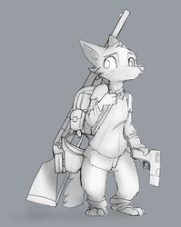  2020 absurd_res anthro backpack band-aid bandage barefoot canid canine cheek_tuft clothed clothing facial_tuft feet fox fully_clothed fur grey_background gun head_tuft hi_res holding_gun holding_object holding_ranged_weapon holding_weapon inner_ear_fluff mammal monochrome ranged_weapon rifle simple_background solo standing tuft weapon zhanbow 