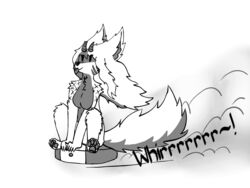  4:3 alexis_kawatta anthro cleaning_tool female fur grey_body grey_fur horn island_(species) kawattame meme monochrome roomba solo text tongue tongue_out vacuum_cleaner white_body white_fur 