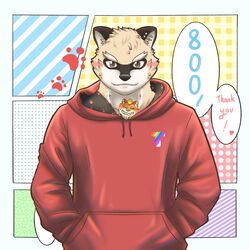  1:1 2022 anthro blonde_hair blush chibi closed_eyes clothed clothing colored cute_fangs digital_media_(artwork) duo ear_piercing felid footprint front_view fully_clothed fur grin hair hands_in_both_pockets hi_res hoodie inner_ear_fluff inside_clothing looking_at_viewer male mammal milestone milestone_celebration nick_saunders_(templar) orange_body orange_fur pantherine pawprint piercing procyonid raccoon simple_background size_difference smile standing super-nova swaggy_tamago text thank_you tiger toothy_grin topwear tuft vince_(super-nova) yellow_body yellow_fur 