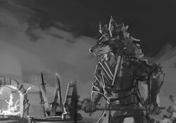  abstract_background anthro asian_clothing blacksmith canid canine canis clothing ears_up east_asian_clothing fire furnace hammer holding_object key_rooki low_res male mammal monochrome painterly robe scar solo sparkles tools tuft weapon wolf 