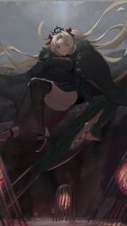  amef ass black_cloak black_dress black_thighhighs black_tiara blonde_hair cage cloak commentary dark-skinned_female dark_skin dress earrings ereshkigal_(fate) ereshkigal_alter_(fate) fate/grand_order fate_(series) female floating_hair from_below fur-trimmed_cloak fur_trim hair_ribbon hand_up highres hoop_earrings invisible_chair jewelry long_hair looking_down no_pupils official_alternate_costume red_eyes red_ribbon ribbon short_dress sitting solo thighhighs tiara tight_clothes underworld very_long_hair water 