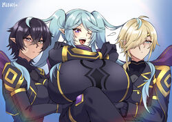  3girls alternate_breast_size artist_name black_bodysuit black_gloves black_hair blonde_hair blue_eyes blue_hair bodysuit breast_lift breast_padding breasts brown_eyes chi_(kage_no_jitsuryokusha_ni_naritakute!) closed_mouth commentary crossed_arms dark-skinned_female dark_skin elf epsilon_(kage_no_jitsuryokusha_ni_naritakute!) gloves hair_over_one_eye huge_breasts kage_no_jitsuryokusha_ni_naritakute! long_sleeves looking_away meme mibry_(phrysm) multiple_girls omega_(kage_no_jitsuryokusha_ni_naritakute!) one_eye_closed one_eye_covered open_mouth pointy_ears purple_eyes servants_holding_aphrodite&#039;s_breasts_(meme) short_hair shuumatsu_no_valkyrie smile swept_bangs symbol-only_commentary teeth twintails upper_teeth_only 