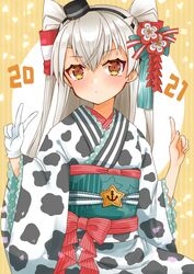  2021 alternate_costume amatsukaze_(kancolle) anchor_symbol brown_eyes cocoperino commentary_request cowboy_shot female gloves grey_hair hair_tubes highres index_finger_raised japanese_clothes kantai_collection kimono long_hair obi sash single_glove smokestack_hair_ornament solo striped striped_background two_side_up v white_gloves 