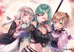  3girls :d asumi_sena bare_shoulders belt black_choker black_shirt box breasts brown_hair cattleya_regina_games choker crop_top dress fingerless_gloves fishnets gift gift_box gloves green_eyes green_hair grey_hair hair_behind_ear hair_ornament hairclip highres holding iris_black_games jacket jewelry kurumi_noah lace_trim large_breasts long_hair long_sleeves looking_at_viewer midorikawa_you midriff mini_wings mole mole_on_breast multiple_girls navel necklace oerba_yun_fang one_eye_closed open_clothes open_jacket pink_eyes pink_jacket purple_eyes revealing_clothes second-party_source see-through see-through_sleeves shirt smile stomach tail twintails v valentine virtual_youtuber vspo! white_dress wings yakumo_beni yakumo_beni_(1st_costume) 