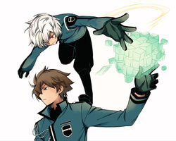  2boys aiguillette bent_over black_footwear black_gloves black_pants blue_jacket boots brown_hair cube gloves grasshopper_(world_trigger) hyuse jacket kuga_yuuma long_sleeves looking_away male_focus mikumo_squad&#039;s_uniform multiple_boys orb outstretched_arm outstretched_arms pants pants_tucked_in photoshop_(medium) profile red_eyes short_hair simple_background smirk spoilers spread_arms standing_on_shoulder tarou_(run) transparent uniform white_background white_hair world_trigger 