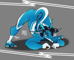  anthro ass_up black_hair blue_body character_name dragon hair hi_res jack-o&#039;_pose jian male mythological_creature mythological_scalie mythology pose scalie solo tail white_body 