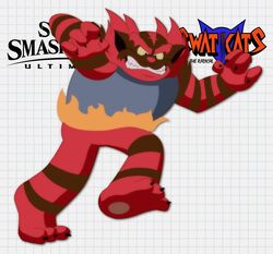  claws closed_mouth commentary copyright_name copyright_notice doc_shoddy english_commentary fire full_body furry highres incineroar looking_at_viewer parody pokemon pokemon_(creature) solo standing standing_on_one_leg style_parody super_smash_bros. swat_kats teeth v-shaped_eyebrows white_background yellow_eyes 