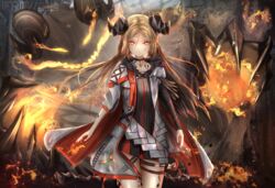  1other aged_up arknights asymmetrical_sleeves blonde_hair cape commentary_request demon demon_horns female fire fireball highres horns ifrit_(arknights) kayjae long_hair material_growth originium_arts_(arknights) oripathy_lesion_(arknights) shorts uneven_sleeves 