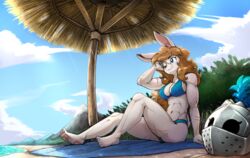  abs aleanora anthro armor armorbun beach biceps bikini breasts brown_hair clothed clothing cloud digital_media_(artwork) female fur hair headgear helmet hi_res inner_ear_fluff lagomorph leporid long_hair mammal muscular muscular_anthro muscular_female otakuap parasol rabbit scar seaside sitting sky smile solo swimwear tuft white_body white_fur 