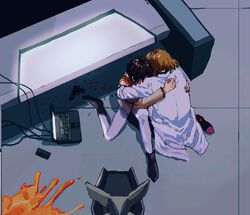  2girls a12740807 akagi_ritsuko blonde_hair brown_hair chair commentary computer desk english_commentary floor gun hidden_face highres hug ibuki_maya indoors laptop lcl multiple_girls neon_genesis_evangelion pantyhose shell_casing sitting the_end_of_evangelion weapon yuri 