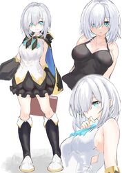  :o aqua_eyes armpit_crease ars_almal ars_almal_(1st_costume) ascot blush boots breasts cape collarbone detached_sleeves female full_body hair_over_one_eye highres knee_boots large_breasts light_smile looking_at_viewer multiple_views nijisanji ruwo_benzen short_hair simple_background standing upper_body virtual_youtuber white_background white_hair 