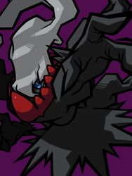  blue_eyes blue_sclera bright_pupils colored_sclera darkrai floating_hair highres no_humans omoti_sakamoto pokemon pokemon_(creature) purple_background simple_background smoke solo thick_outlines whisp white_hair white_pupils 