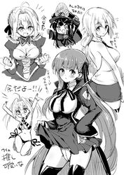  5girls ahoge ass back backless_outfit bad_id bad_pixiv_id bare_shoulders bb_(fate) bb_(fate/extra) bikini blush braid breasts cape chibi cleavage cleavage_cutout closed_mouth clothes_lift clothing_cutout coat crest criss-cross_halter dress dual_persona epaulettes family_crest fate/apocrypha fate/extra fate/extra_ccc fate/grand_order fate_(series) french_braid gloves greyscale hair_bun hair_intakes hair_ribbon halterneck hat high-waist_skirt jeanne_d&#039;arc_(fate) jeanne_d&#039;arc_(girl_from_orleans)_(fate) juliet_sleeves jumping kodamari koha-ace large_breasts leotard long_braid long_hair long_sleeves looking_at_viewer looking_back monochrome multiple_girls navel neck_ribbon nero_claudius_(fate) nero_claudius_(fate/extra) nero_claudius_(swimsuit_caster)_(fate) oda_nobunaga_(fate) oda_nobunaga_(koha-ace) oda_uri open_clothes open_coat open_mouth peaked_cap puffy_sleeves ribbon shorts single_hair_bun skirt skirt_lift sling_bikini_top smile striped_bikini striped_clothes swimsuit thighs twintails very_long_hair white_background 